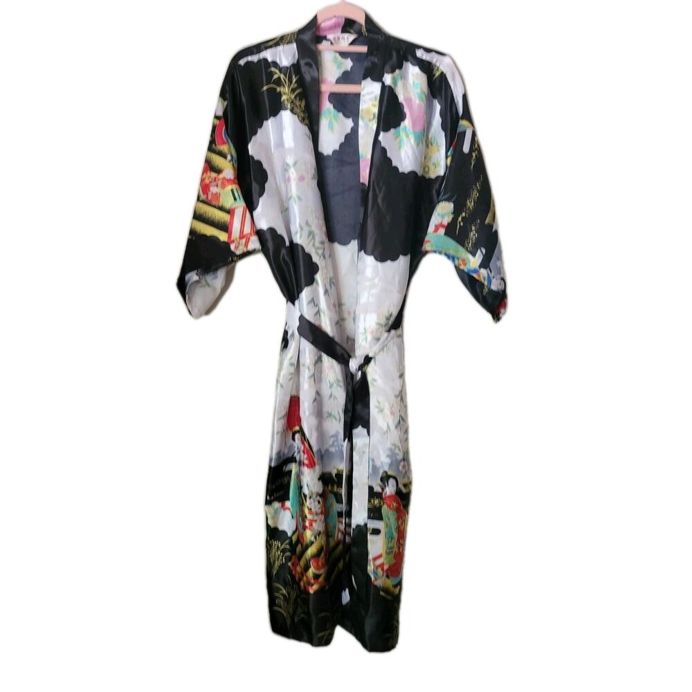 Mei Yesida Silky Kimono Multicolor Geisha Print One Size Robe